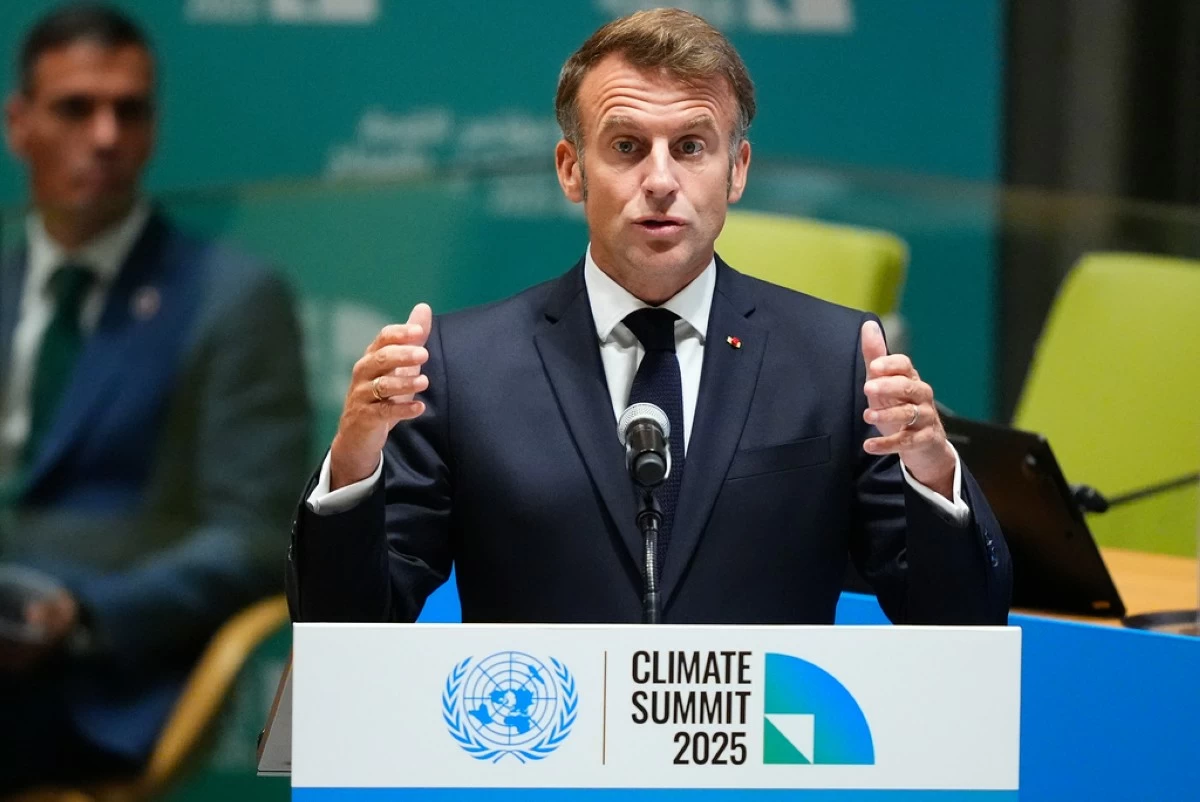 French President Emmanuel Macron speaks during a climate summit, Wednesday, Sept. 24, 2025, at U.N. headquarters. (AP Photo/Yuki Iwamura)