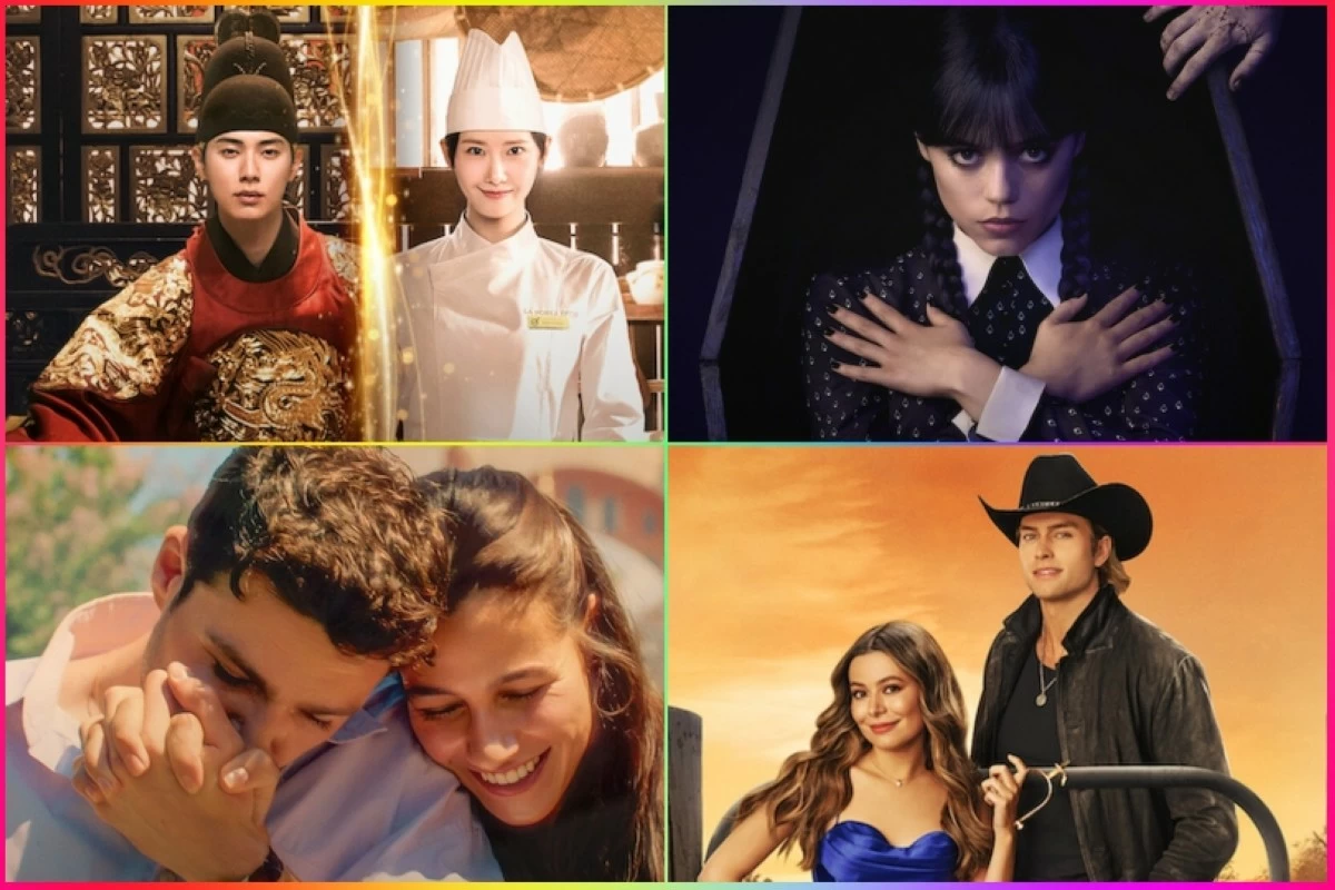 (Clockwise from top left) "Bon Appétit, Your Majesty," "Wednesday," "The Wrong Paris," and "She Said Maybe" (Netflix)
