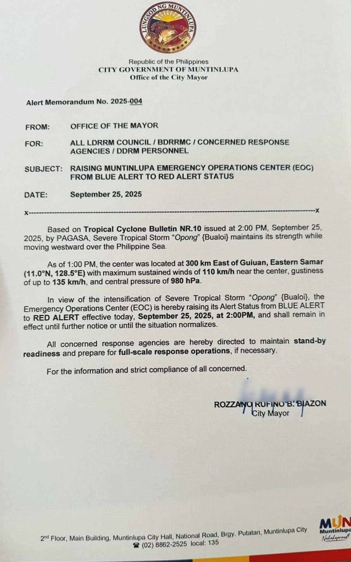 The alert memorandum issued by Muntinlupa Mayor Ruffy Biazon (Photo from Mayor Biazon's Facebook account) 