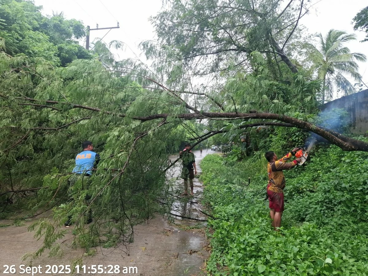 Police clear a fallen tree in Maragondon amid severe weather on Sept. 26 (Photo from Maragondon MPS/MANILA BULLETIN)