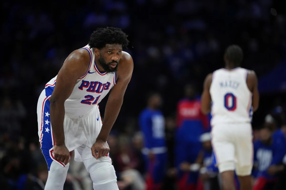 FILE - Philadelphia 76ers' Joel Embiid plays during an NBA basketball game, Saturday, Feb. 22, 2025, in Philadelphia. (AP Photo/Matt Slocum, File)