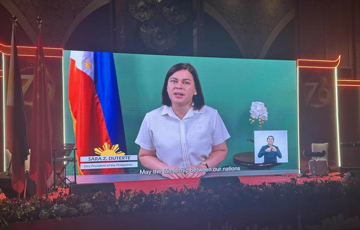 Vice President Sara Duterte sends her greetings via video message during China's 76th founding anniversary celebration in Taguig City. (Raymund Antonio/MANILA BULLETIN)