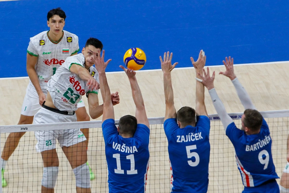 Bulgaria's Aleksandar Nikolov scores against three Czechia defenders in their semifinal match at the 2025 FIVB Volleyball Men's World Championship. (Mark Balmores)