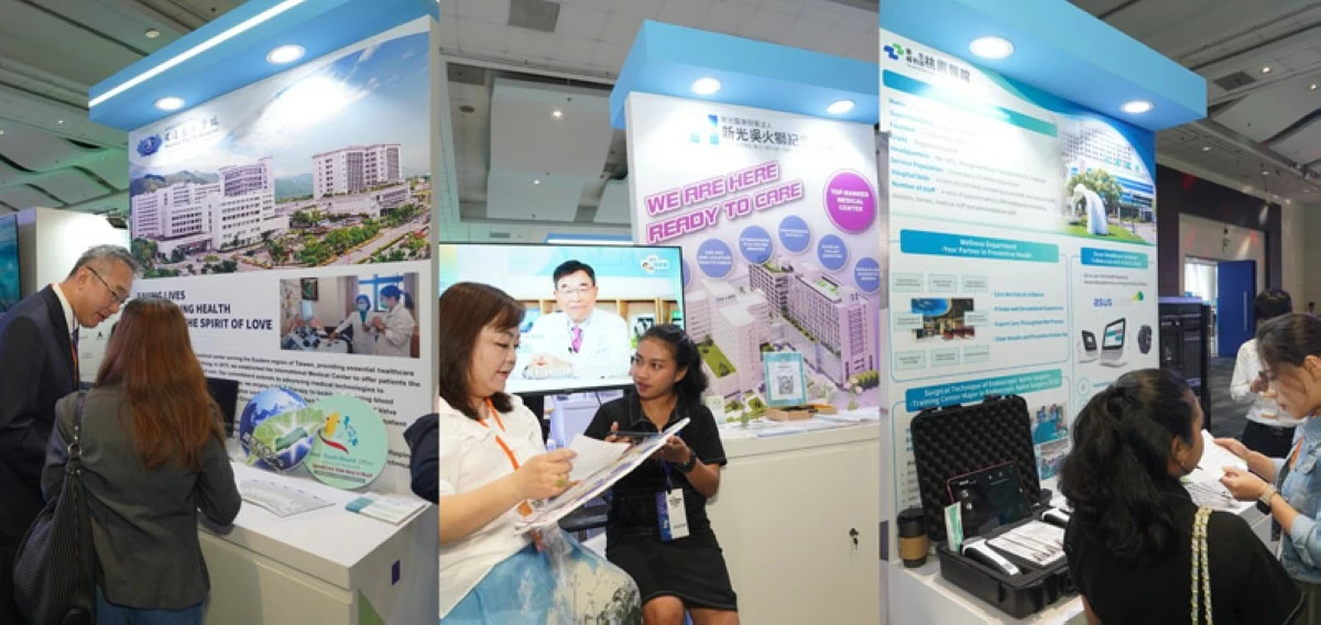 Representatives from Hualien Tzu Chi Hospital, Shin Kong Hospital, and Taoyuan General Hospital introducing their services to Filipinos at the Taiwan Healthcare Pavilion.