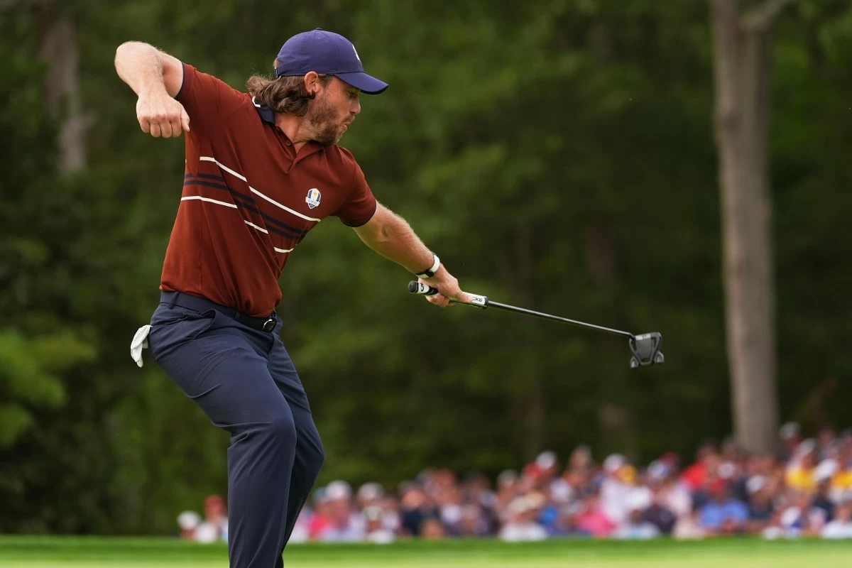 Europe's Tommy Fleetwood celebrates after a putt on the 13th hole at Bethpage Black golf course during the Ryder Cup golf tournament, Saturday, Sept. 27, 2025, in Farmingdale, N.Y. (AP)