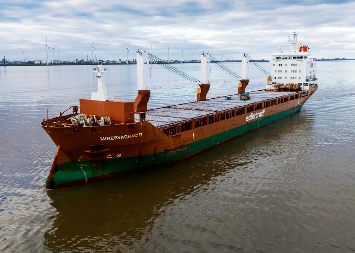 In this Jan. 12, 2025, photo from Mark Prummel, the Netherlands-flagged cargo ship Minervagracht is seen off Delfzijl, the Netherlands. (Mark Prummel via AP)