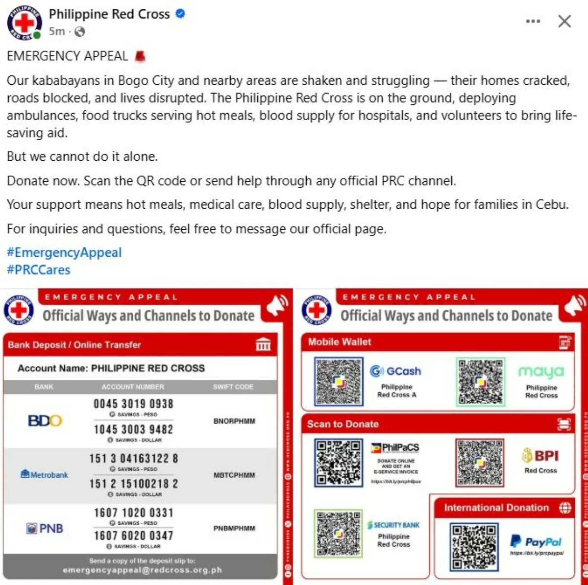 After the 6.9-magnitude earthquake in Cebu, the Philippine Red Cross (PRC) appealed for donations to support ambulances, food aid, and blood supplies. (PRC / Facebook)