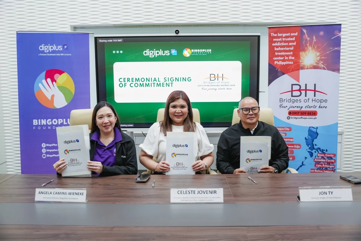 The ceremonial handover of equipment support to Bridges of Hope took place on September 29, 2025, with (from left to right) BingoPlus Foundation’s Executive Director, Ms. Angela Camins Wieneke; DigiPlus’ Vice President for Investor Relations, Corporate Communications, and Sustainability and Chief Operations Officer of BingoPlus Foundation, Ms. Celeste Jovenir; and Mr. Jon Ty, Chairman and CEO of Bridges of Hope, at the DigiPlus headquarters in Bonifacio Global City, Taguig.
