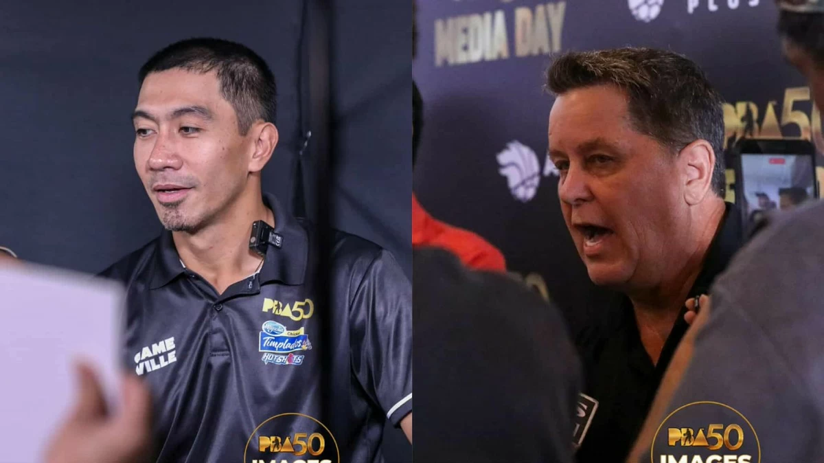 Magnolia coach LA Tenorio, left, and Brgy Ginebra mentor Tim Cone.