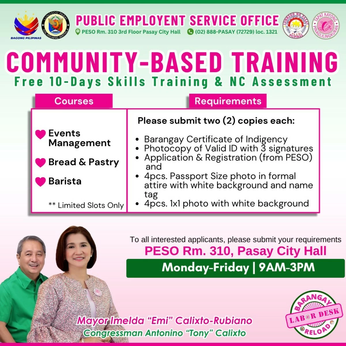 Courses offered for community-based skills training (Photo from Pasay PIO) 
