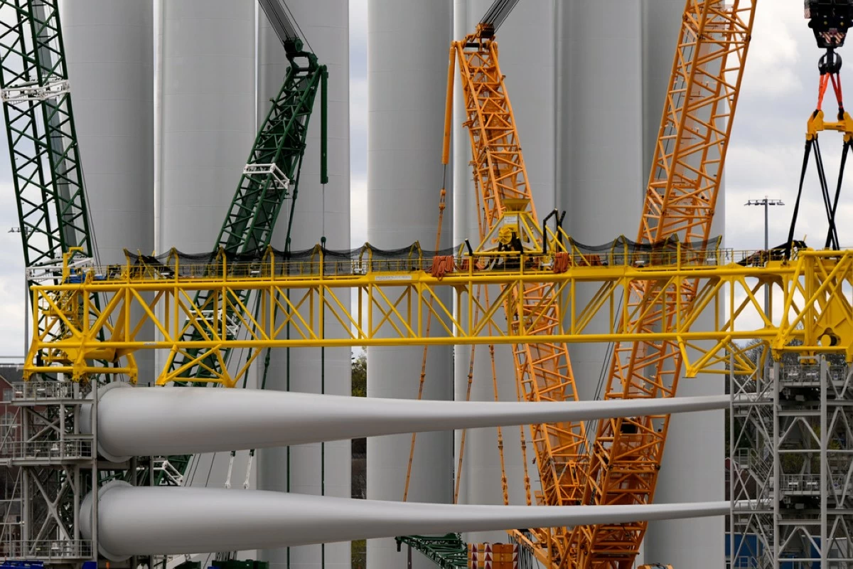 FILE - Wind turbine components sit at New London State Pier, April 16, 2025, in New London, Conn. (AP Photo/Julia Demaree Nikhinson, File)