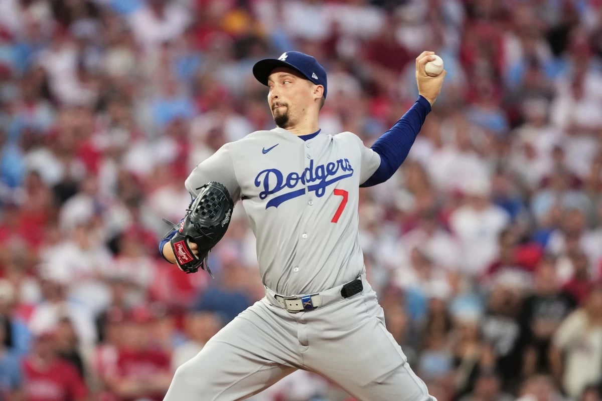 Los Angeles Dodgers starting pitcher Blake Snell throws during the first inning in Game 2 of baseball's National League Division Series against the Philadelphia Phillies, Monday, Oct. 6, 2025, in Philadelphia. (AP Photo/Matt Slocum)