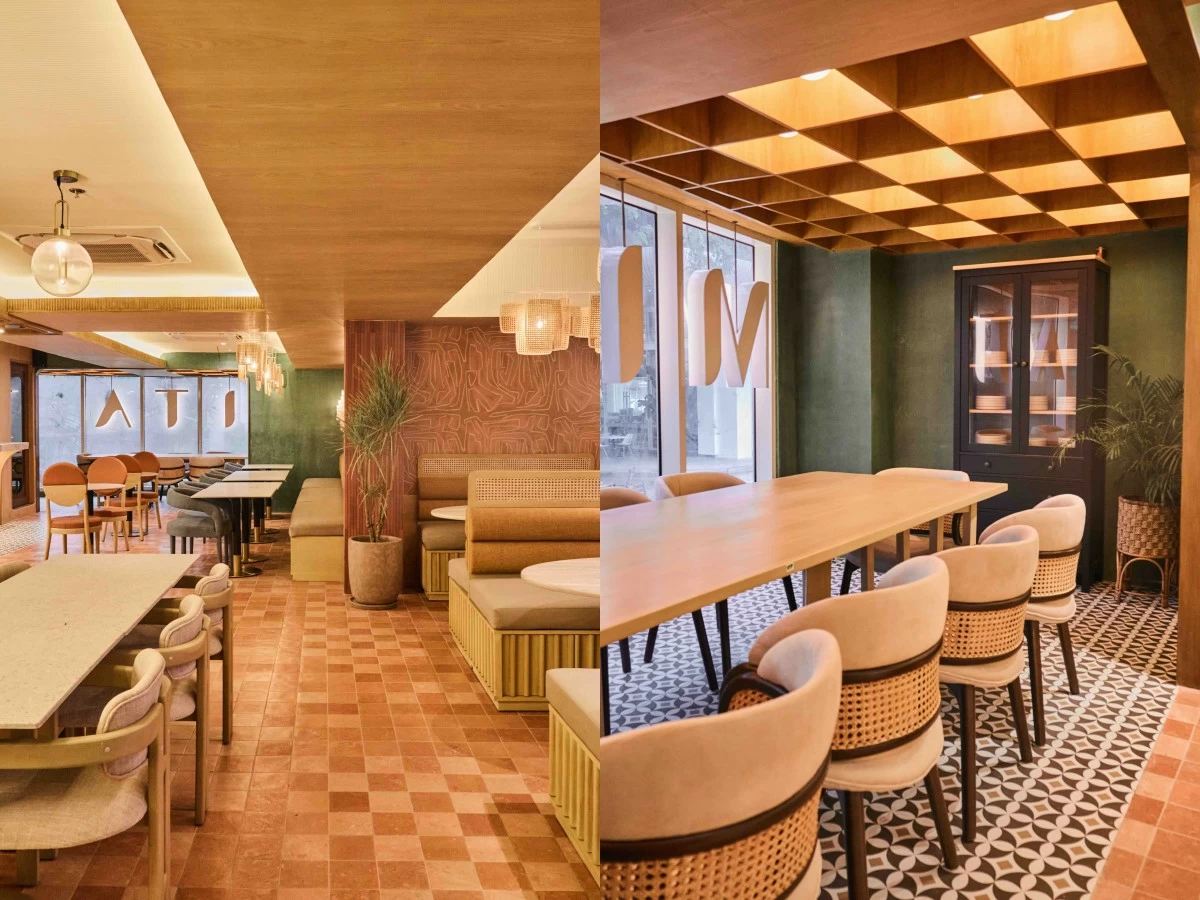 GOLDEN GLOW The interiors of Mita Kitchen   Lounge in Molito balance sleek modern lines with warm textures of terracotta, rattan, and shell chandeliers
