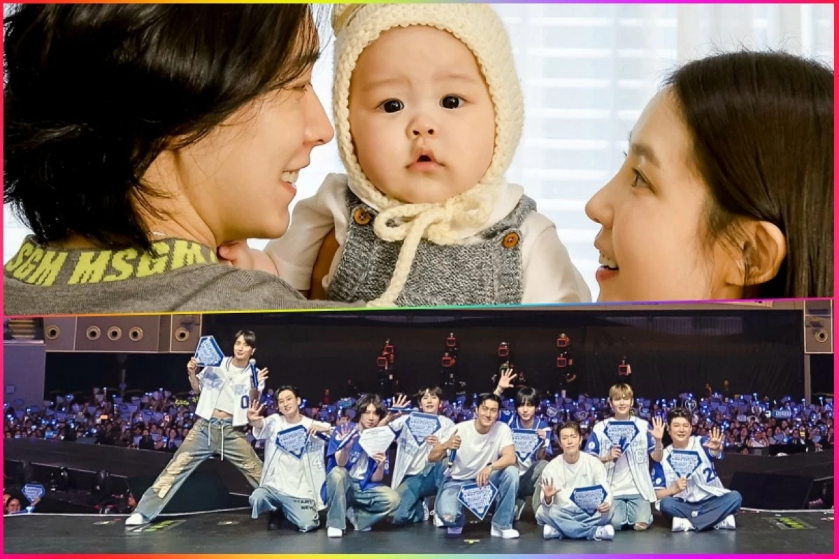 Super Junior member Sungmin (right) with wife Kim Sa-eun and son Do-yoon (top) and Super Junior in Manila on Oct. 4 (X)