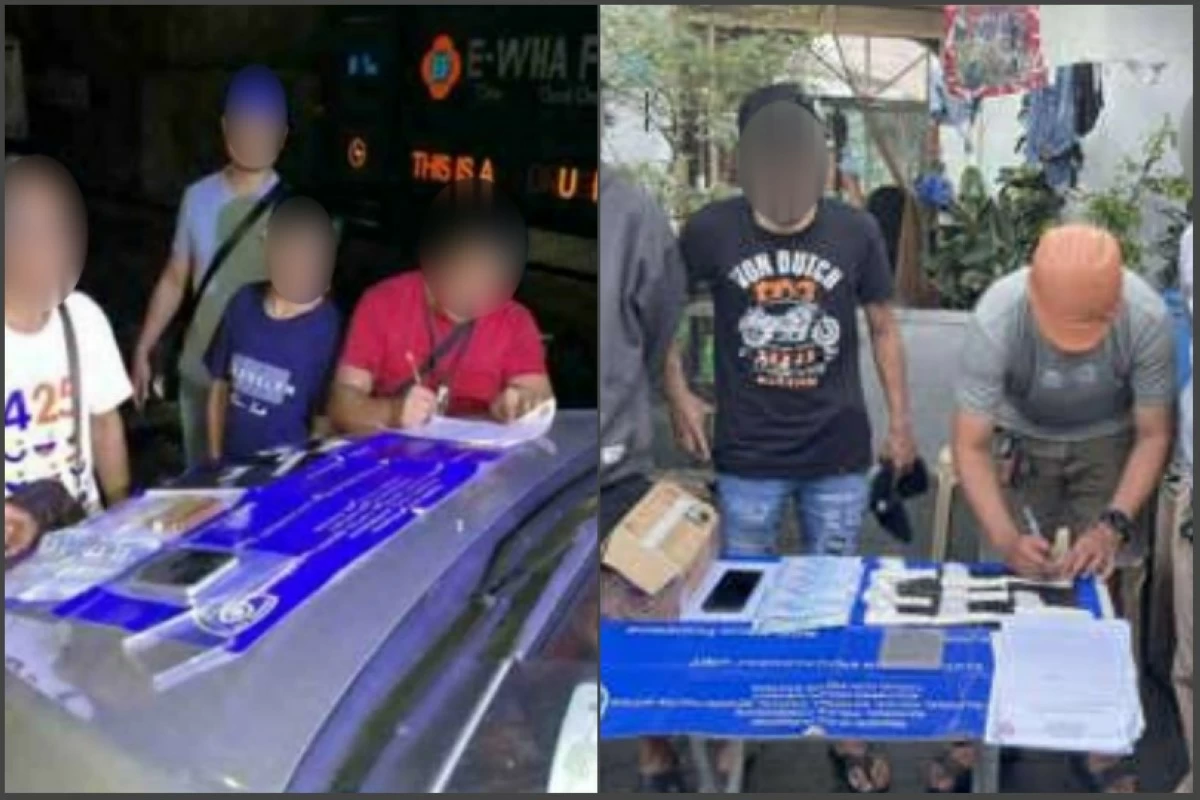 Taguig police officers with the suspects (Photos from Taguig police / SPD)