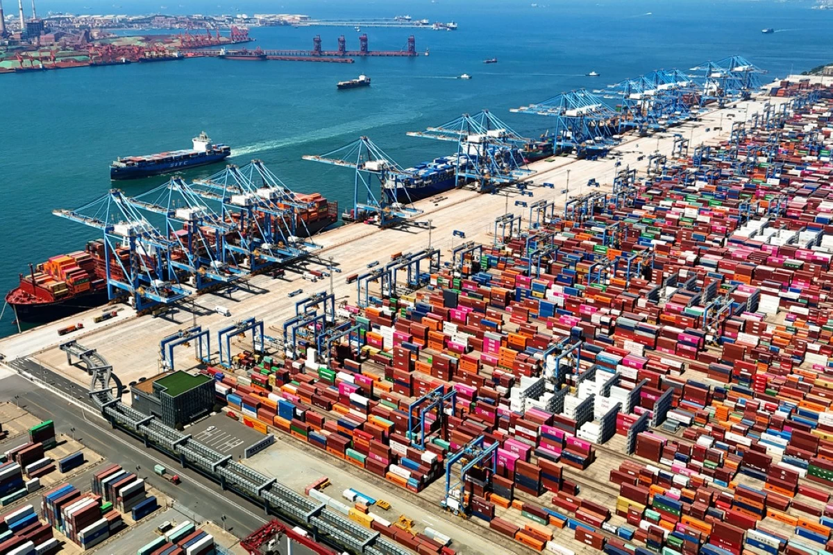 FILE - An aerial view of a container port is seen in Qingdao in east China's Shandong province, on June 6, 2024. (Chinatopix via AP, File)