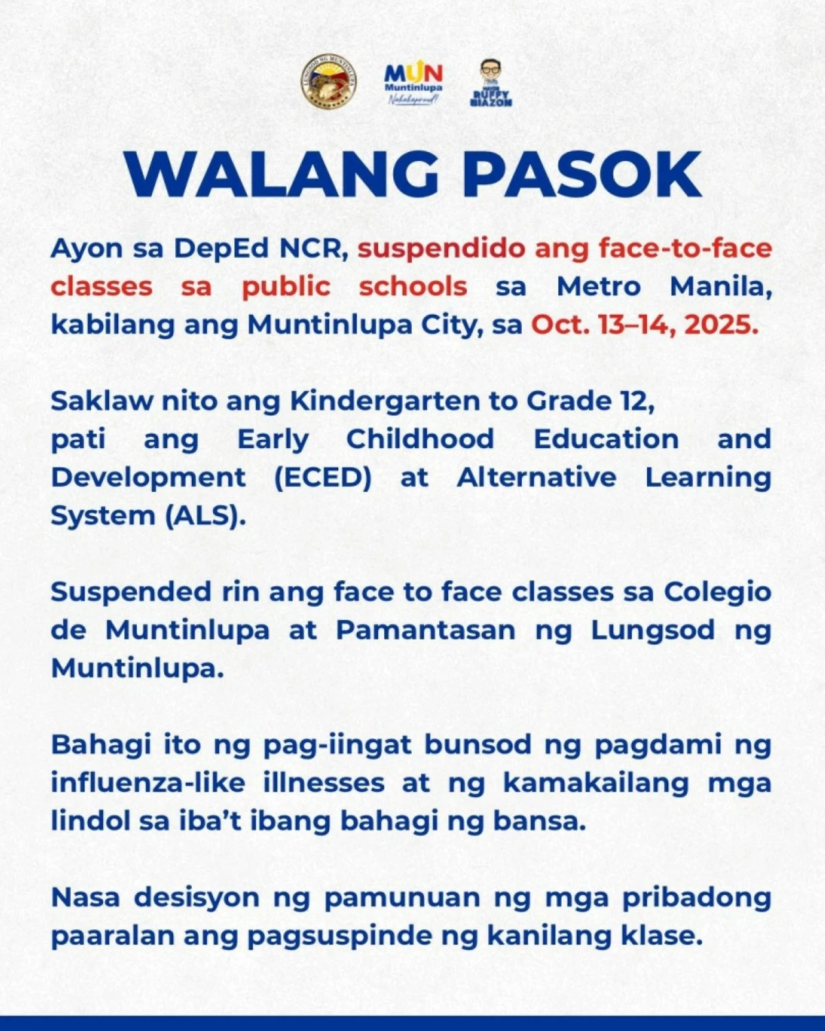 The class suspension announcement by the Muntinlupa City government (Photo from Muntinlupa PIO)