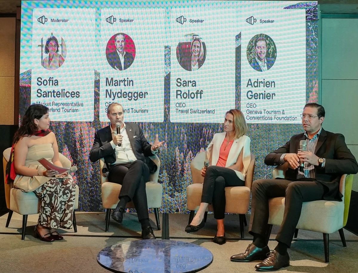 Sofia Santelices leads an insightful panel discussion, featuring Martin Nydegger, Sara Roloff, and Adrien Genier, at the media launch of ‘Discover Autumn in Switzerland’.  