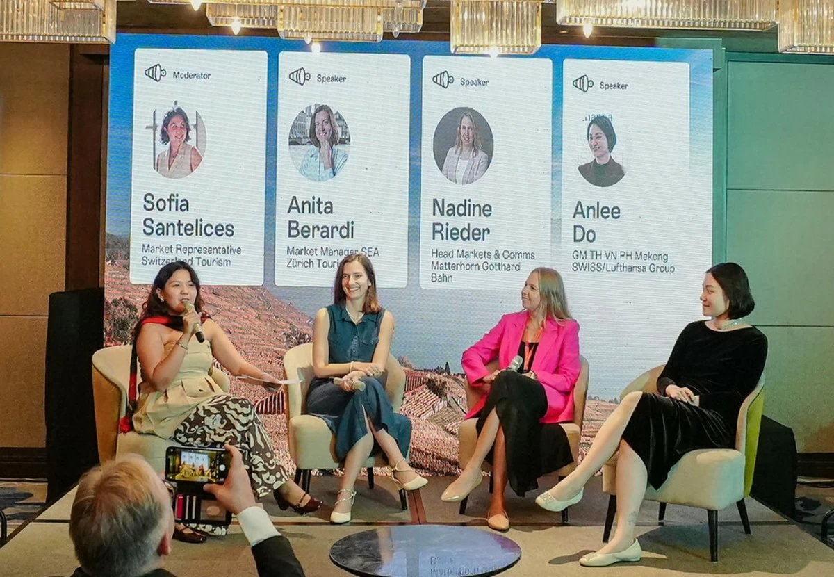 Sofia Santelices moderates the press conference alongside tourism leaders Anita Berardi, Nadine Rieder, and Anlee Do