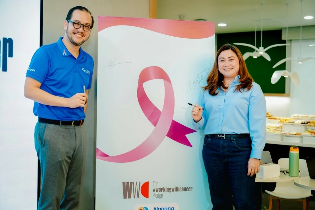 Paolo Borromeo, President and CEO of AC Health, and Martha Sazon, President and CEO of Mynt, the parent company of GCash, demonstrate their commitment to the Working with Cancer Pledge during the launch of new comprehensive cancer care benefit packages for GCash employees. Those who are diagnosed with cancer will receive a holistic healthcare package and financial support to aid their treatment and recovery. 

