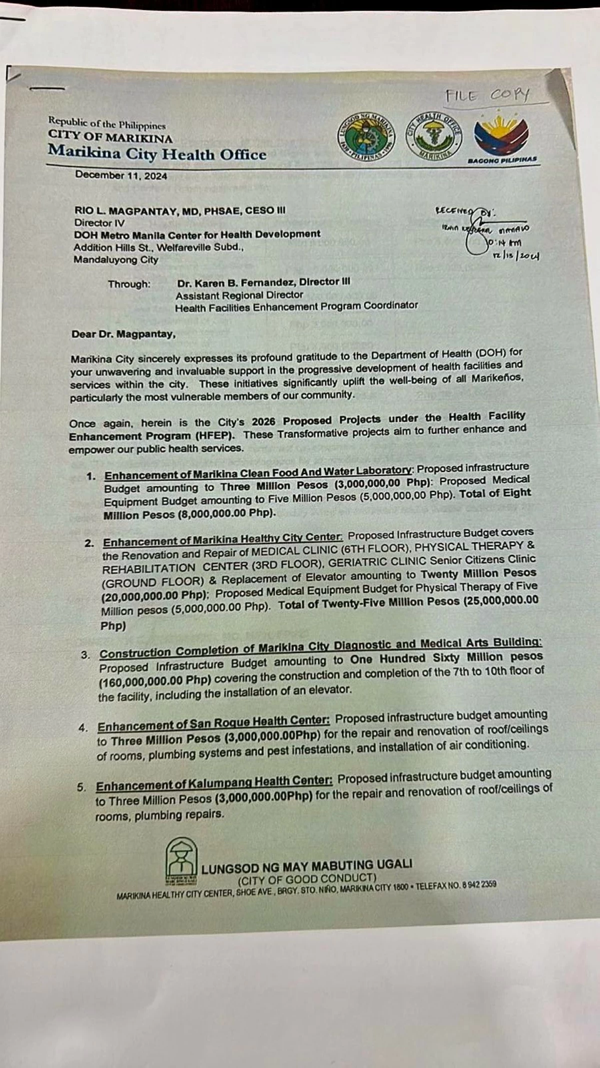 The local government provided documents as proof that it has repeatedly requested in writing from the DOH for additional funding of the Concepcion Dos Super Health Center, which, the city said, the DOH has failed to release for the completion of the full project.