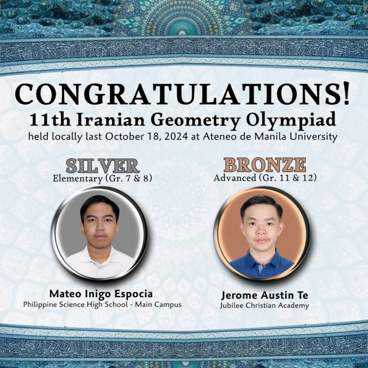 The winners from the Philippines in the 11th Iranian Geometry Olympiad  (Go for Gold: Philippine IMO Team)