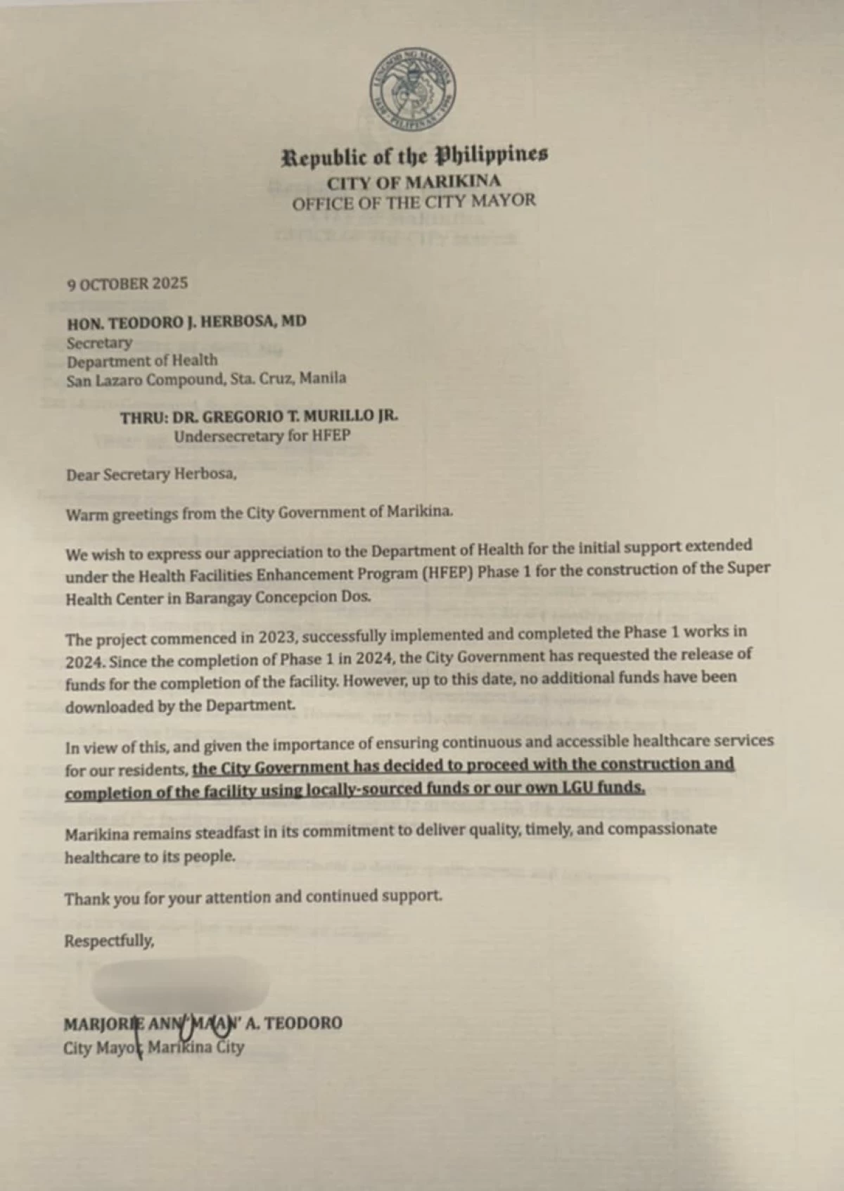 The official letter from the Marikina City Government to the Department of Health (DOH).