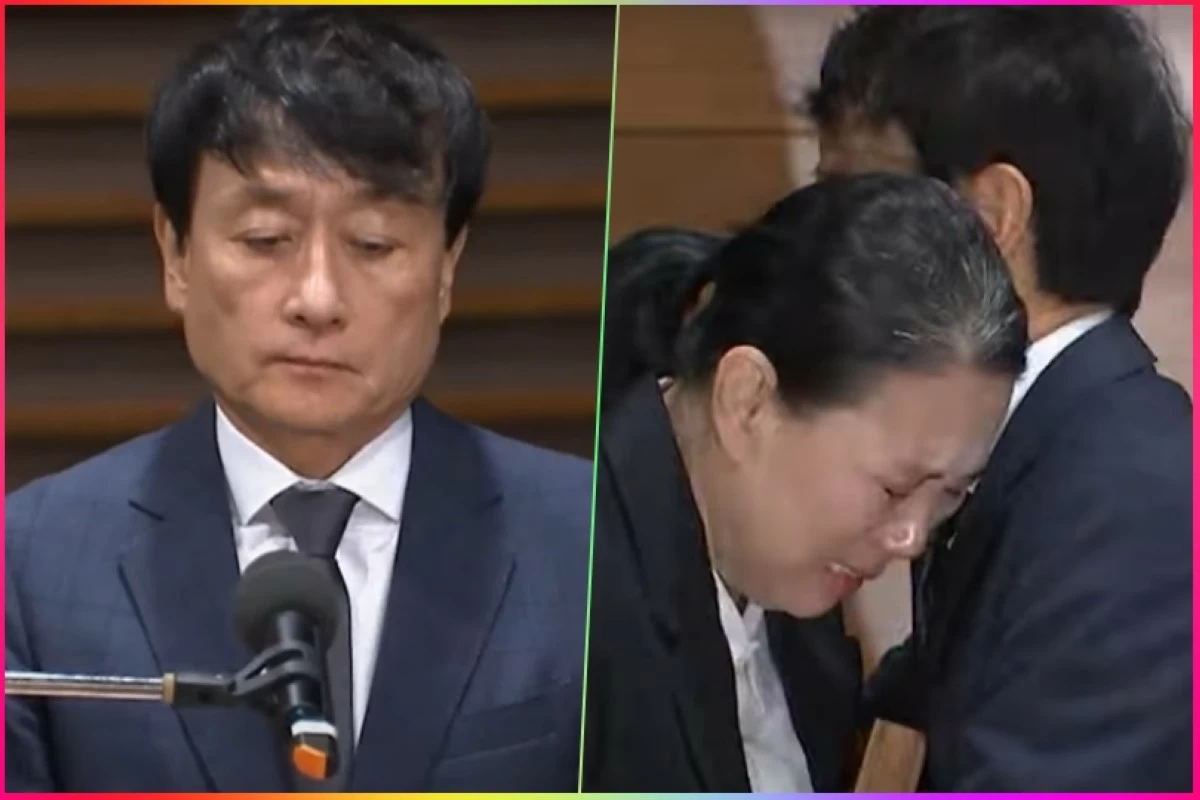 Ahn Hyeong-joon (left), CEO and president of MBC, comforting Oh Yoanna’s mother, Jang Yeon-mi (right) (Screenshots from MBC video on YouTube) 
