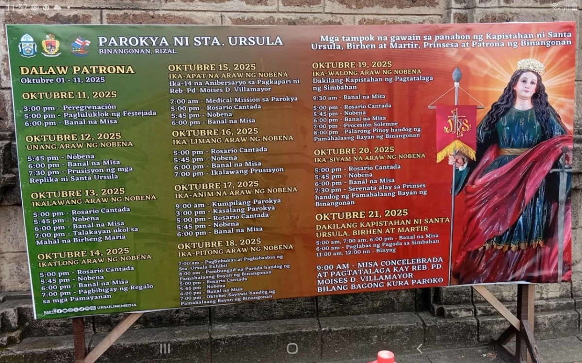 Schedule of activities for the Feast Day of Saint Ursula in Binangonan, Rizal 