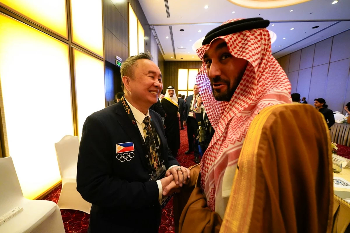 Philippine Olympic Committee president Bambol Tolentino speaks with Prince Abdulaziz Bin Turki Al-Faisal, the Minister of Sports of Saudi Arabia, during the 101st Olympic Council of Asia Executive Board Meeting at the Art Hotel and Resort in Manama, Bahrain. (POC POOL)