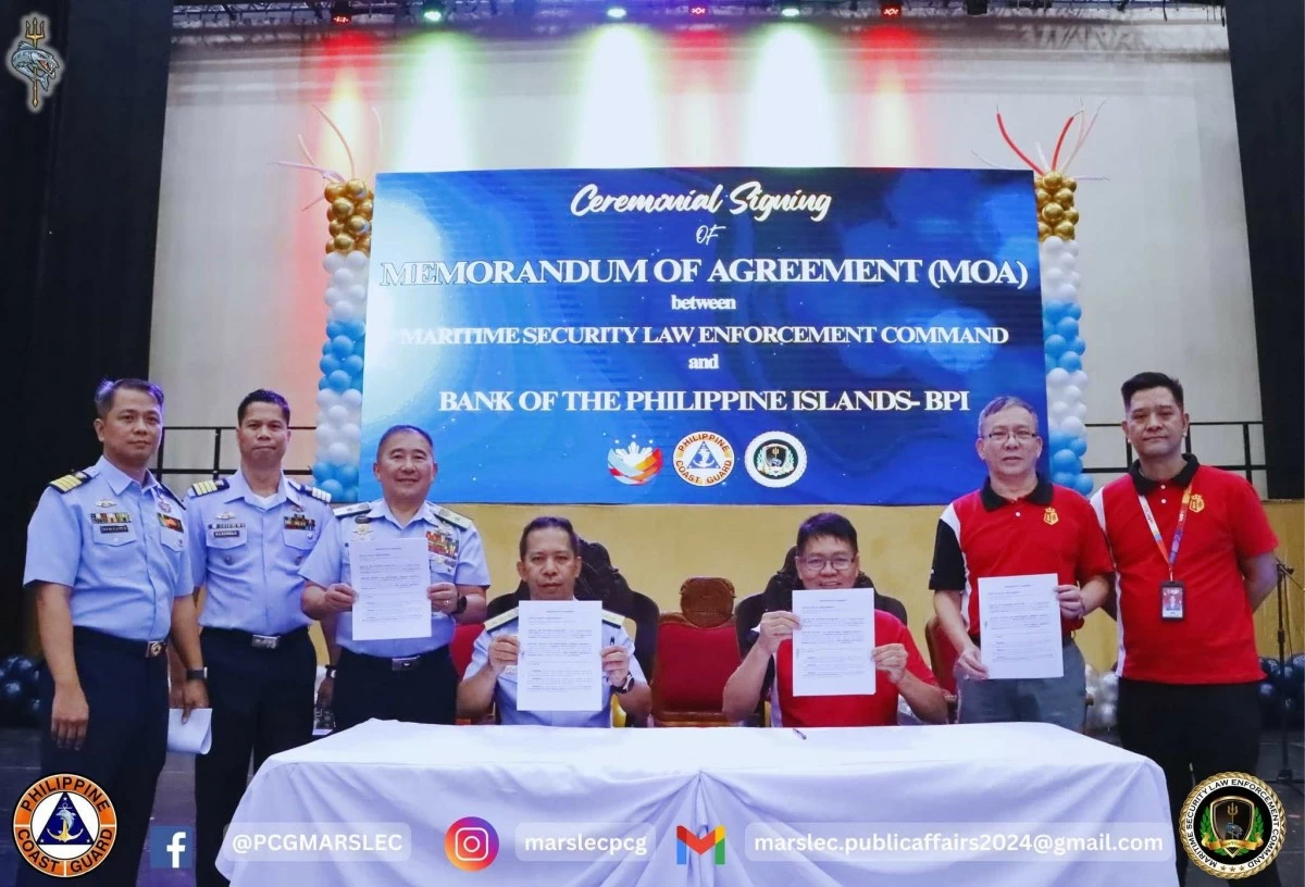 In photo (L-R): PCG MARSLEC’s Capt. Leopoldo Apillanes, Jr., Chief of Staff; Capt. John Lyndon Baxinela, Acting DCS for Operations, M3; Commo Fideles Sallidao, Deputy Commander; and Radm Inocencio Rosario, Jr., Commander; with BPI’s Dominador Bernales, Jr., Chief Security Officer; Col. Nicolas Suemith, Physical Security Incident Management Head; and Leonido Gomez, Physical Security Technology Head.
(Photo from the Philippine Coast Guard)