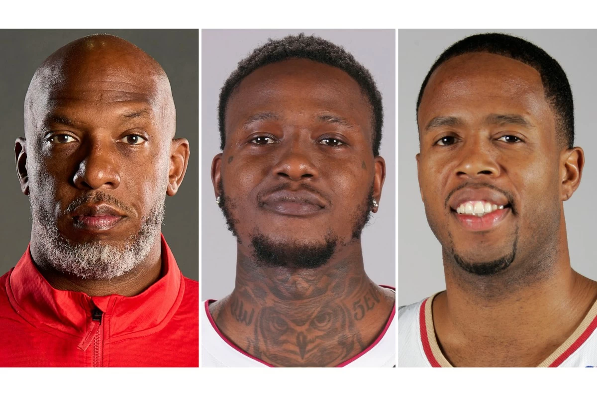 FILE - This combo of images shows, from left, Portland Trail Blazers head coach Chauncey Billups, Miami Heat guard Terry Rozier and former Cleveland Cavaliers' Damon Jones. (AP Photo/File)