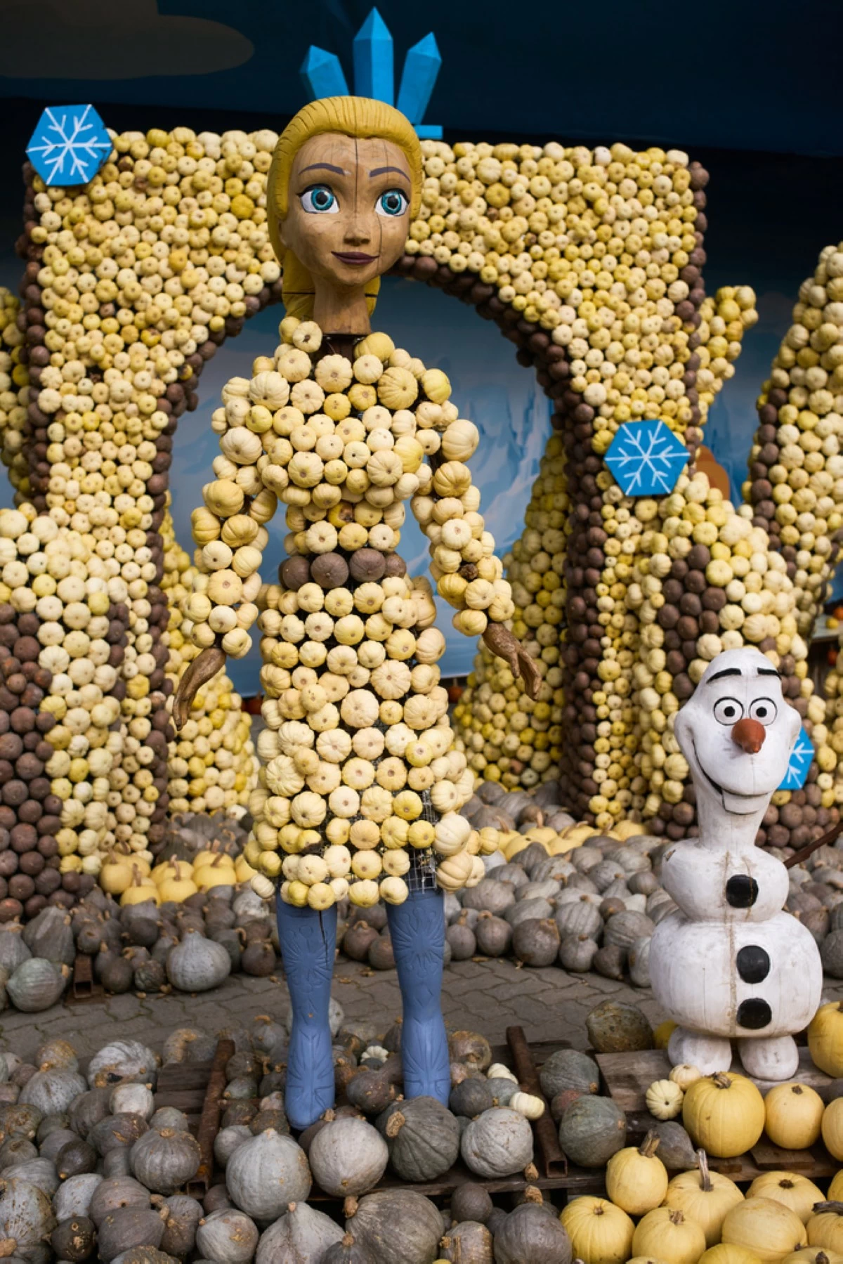 A pumpkin sculpture depicting Elsa and Olaf of the children's movie, 