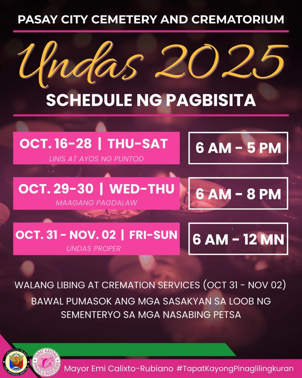 Pasay UNDAS schedule of visit (Photo taken from the Facebook page of Mayor Emi Calixto-Rubiano)  