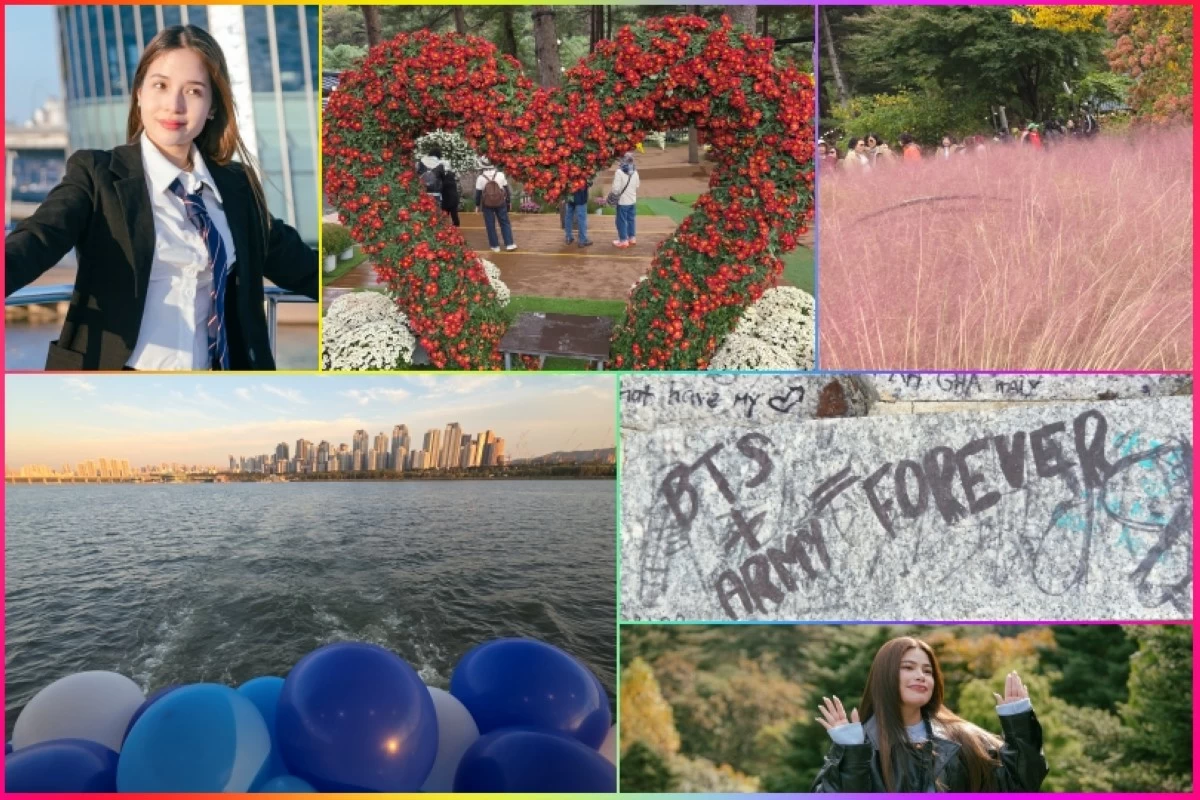 (Clockwise from top left) Kristel Fulgar, Garden of the Morning Calm, Cheonggu Building in Seoul, Denise Laurel and the Seoul-Mates with Prime Video yacht experience in Hangang River (Prime Video, Jonathan Hicap) 
