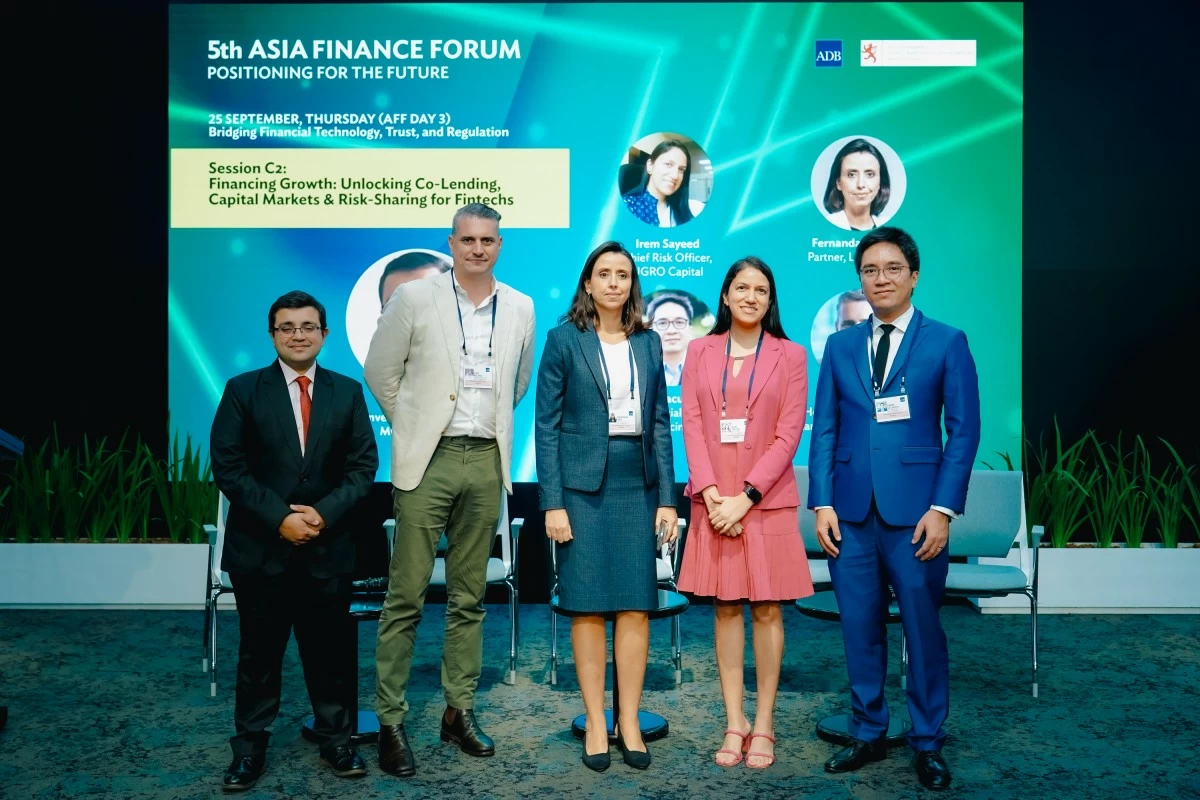 From left: the moderator, Apurva Kumar, Senior Investment Specialist, ADB; along with the panelists Luke Boland, Head of Fintech Asia, Standard Chartered Bank; Fernanda Lima, Partner, LeapFrog; Irem Sayeed, Chief Risk Officer, UGRO Capital; and Gabby Lacuesta, Chief Financial Officer, Fuse Financing Inc. in the panel discussion of “Financing Growth: Unlocking Co-Lending, Capital Markets & Risk-Sharing for Fintechs.