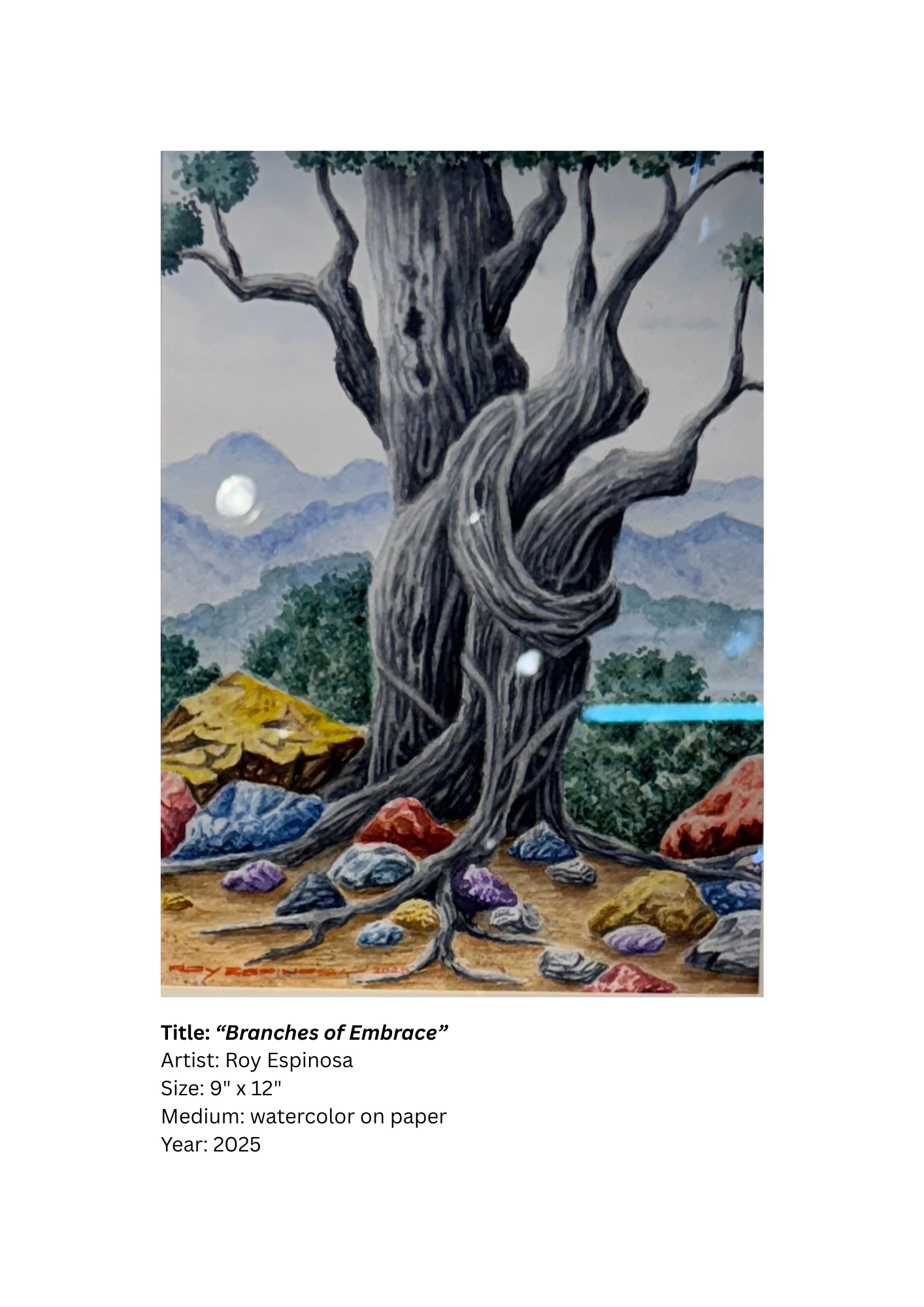 In 'Branches of Embrace,' Roy Espinosa paints a vision of strength and connection — two entwined trunks standing as one, rooted deeply in the earth and reaching toward the sky. Through his masterful use of watercolor, Espinosa captures nature’s quiet poetry and the timeless beauty of unity.
