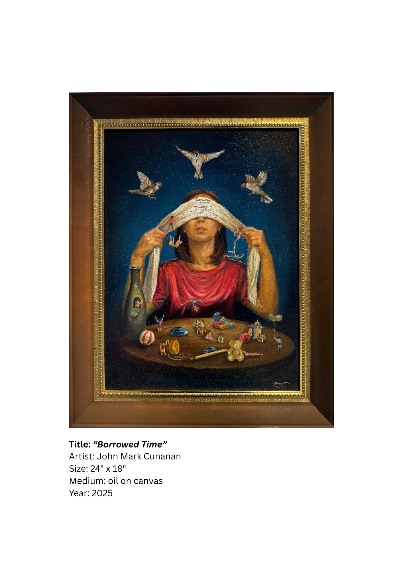 In 'Borrowed Time,' John Mark Cunanan explores the fleeting nature of innocence and memory. Surrounded by childhood keepsakes, a figure blindfolds herself—caught between nostalgia and surrender, as symbols of freedom drift above her. The work invites reflection on how time both shelters and slips away, leaving us holding fragments of what once was.
