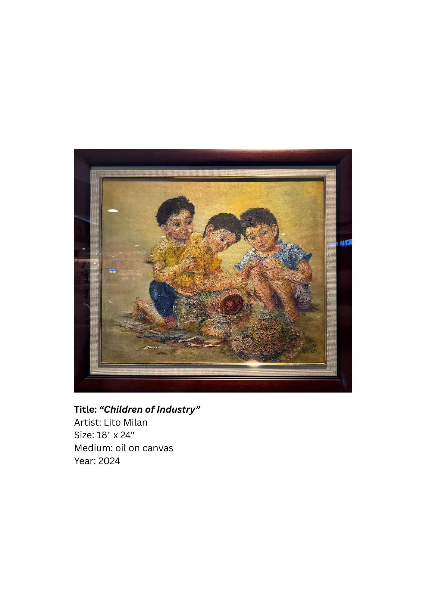 Lito Milan captures the heart of Filipino resilience and innocence in 'Children of Industry' — a tender portrayal of childhood shaped by perseverance and creativity. Through textured strokes and golden tones, Milan reflects on how the simplest moments can hold the deepest strength.