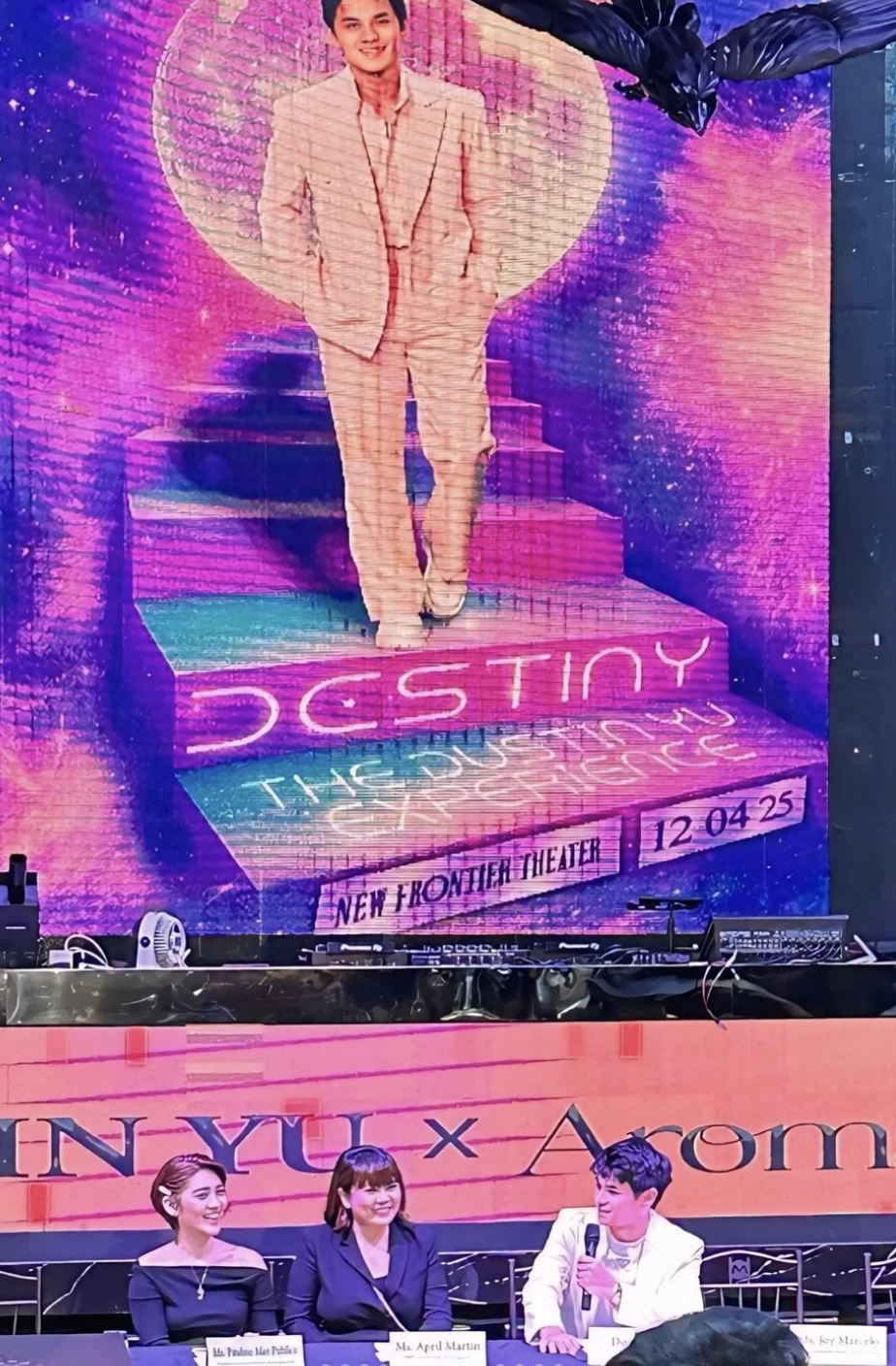 Pauline Publico and April Martin of Wide Entertainment welcome Dustin Yu as the first Filipino celebrity endorser for Aromagicare during the launch in Quezon City.