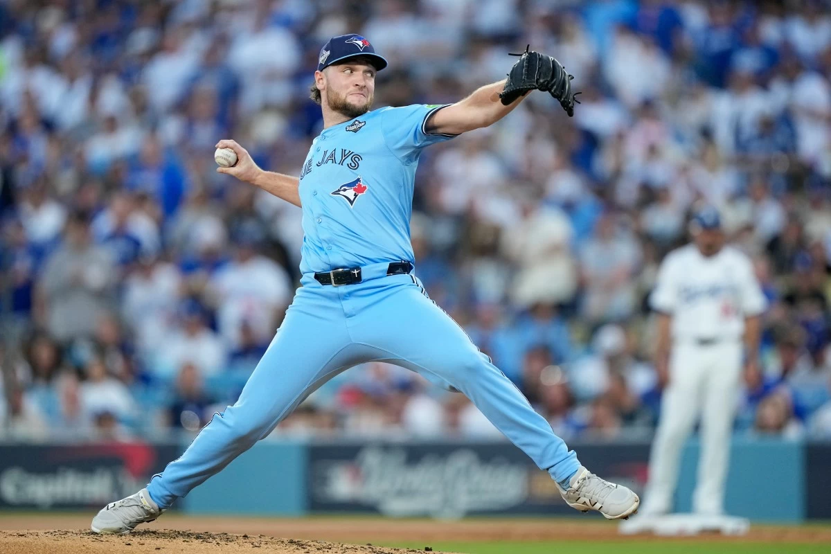 Toronto Blue Jays pitcher Trey Yesavage throws against the Los Angeles Dodgers during the second inning in Game 5 of baseball's World Series, Wednesday, Oct. 29, 2025, in Los Angeles. (AP Photo/Brynn Anderson)