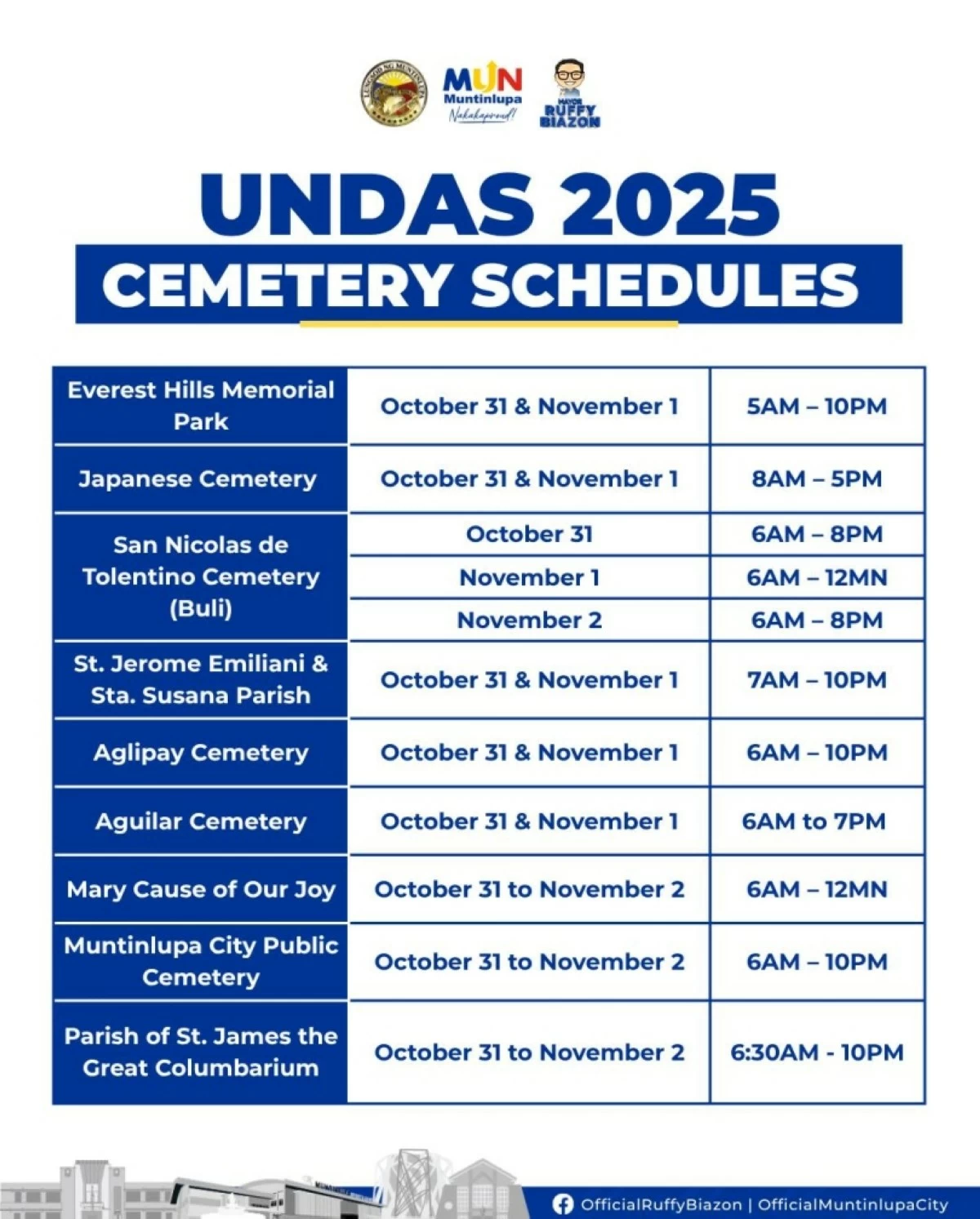The operating schedule of cemeteries in Muntinlupa from Oct. 31 to Nov. 2 (Photo from Muntinlupa PIO) 