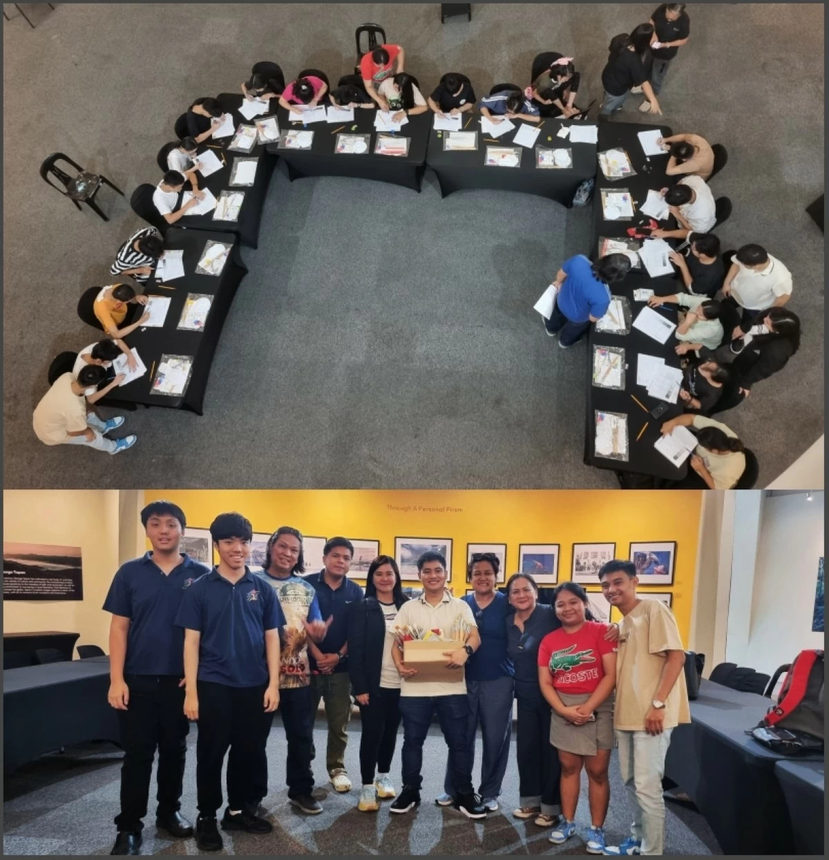 (Top) DEAFinitely Creative Art Workshop participants, and (bottom) FSL4IPH founders Johann and Ethan Chan (first two from the left) with Hearlife-Verein Program Director Tosh Jacob-Soliven (3rd from right) and Hearlife-Hearpeers art mentors Jes Evangelista, Aileen Dahiroc, Tommy Rosario, Tinn Hebron and Justine Dela Cruz (Photos from FSL4IPH)