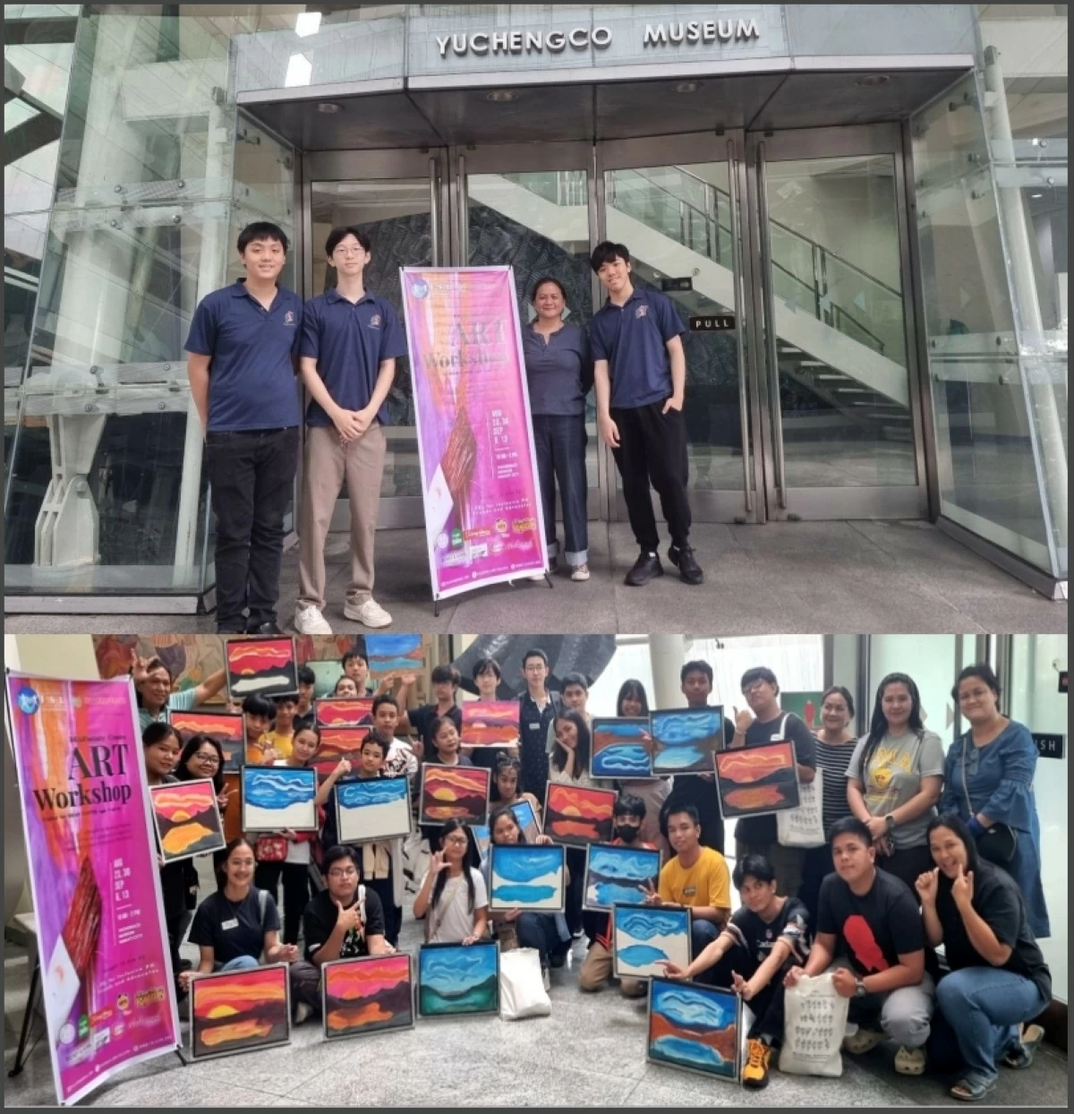 (Top) FSL4IPH youth leaders Johann Chan, Seth Yang and Ethan Chan with Hearlife-Verein Program Director Tosh Jacob-Soliven, and (bottom) art workshop (Photos from FSL4IPH)