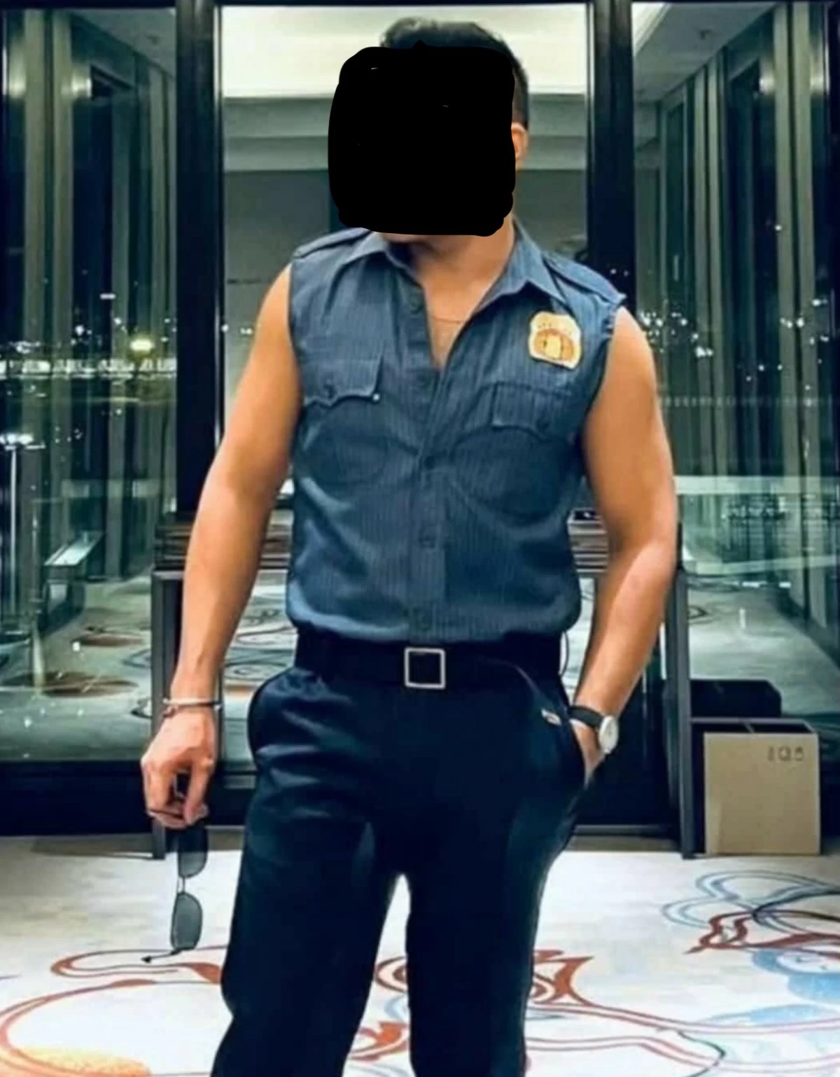 This photo of what authorities described as unauthorized use of sleeve-cut police uniform did not sit well with the Philippine National Police (PNP) which is now conducting investigation into the illegal use of the police uniform which it said is punishable by law. ([photo: Napolcom chair Ralph Calinisan Facebook)