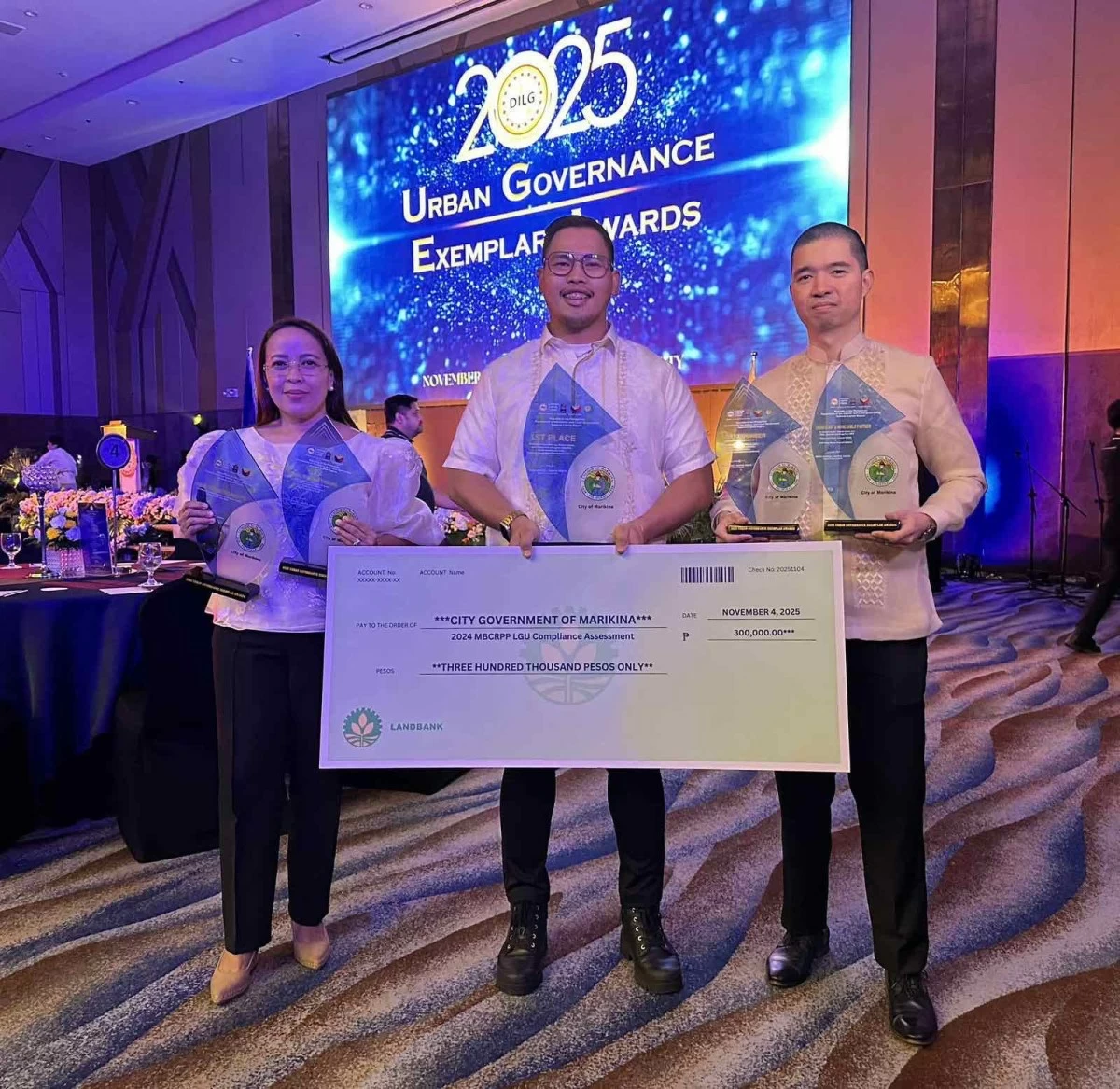 Officials from the Marikina City Government accept multiple awards from the Department of the Interior and Local Government (DILG) during the 2025 Urban Governance Exemplar Awards (UGEA) at Novotel, Quezon City, on Nov. 4, in recognition of the city’s exemplary performance in governance and public service. (Photos from Marikina LGU)