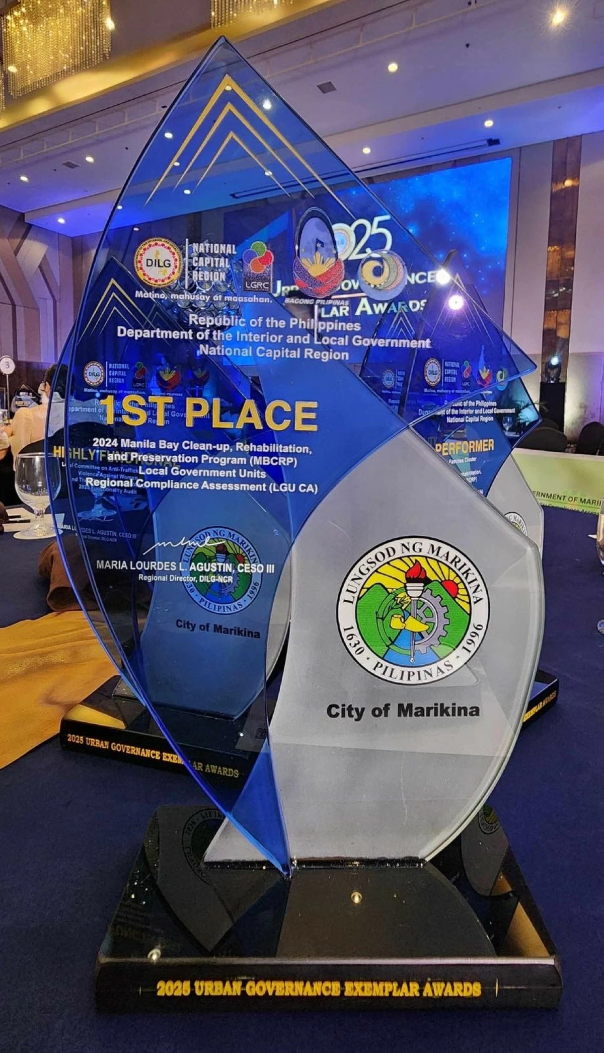 Officials from the Marikina City Government accept multiple awards from the Department of the Interior and Local Government (DILG) during the 2025 Urban Governance Exemplar Awards (UGEA) at Novotel, Quezon City, on Nov. 4, in recognition of the city’s exemplary performance in governance and public service. (Photos from Marikina LGU)