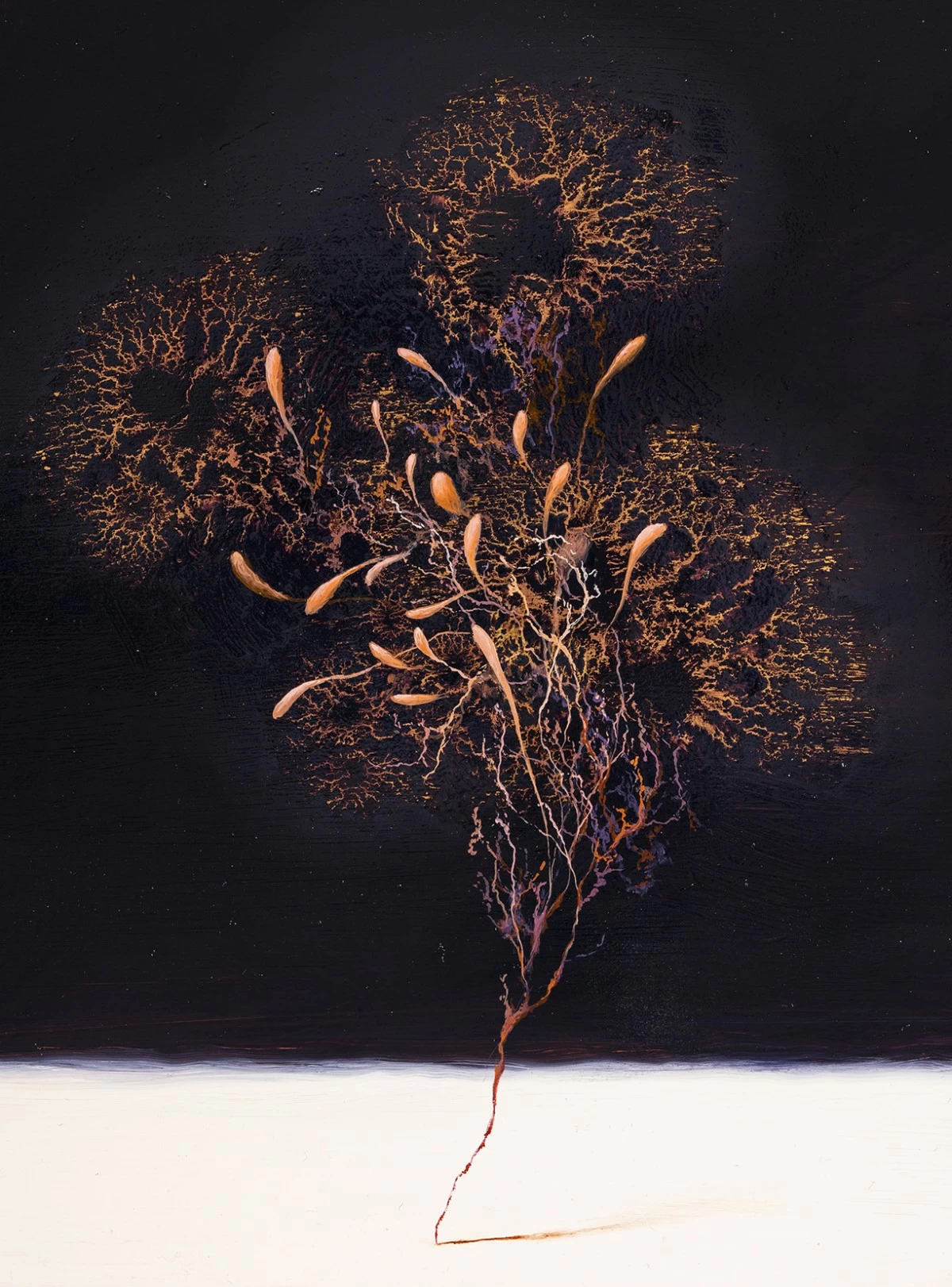 'BE SURE TO KEEP THE SURPRISE' oil on golden glazed ceramic, 9x7 in, 2025