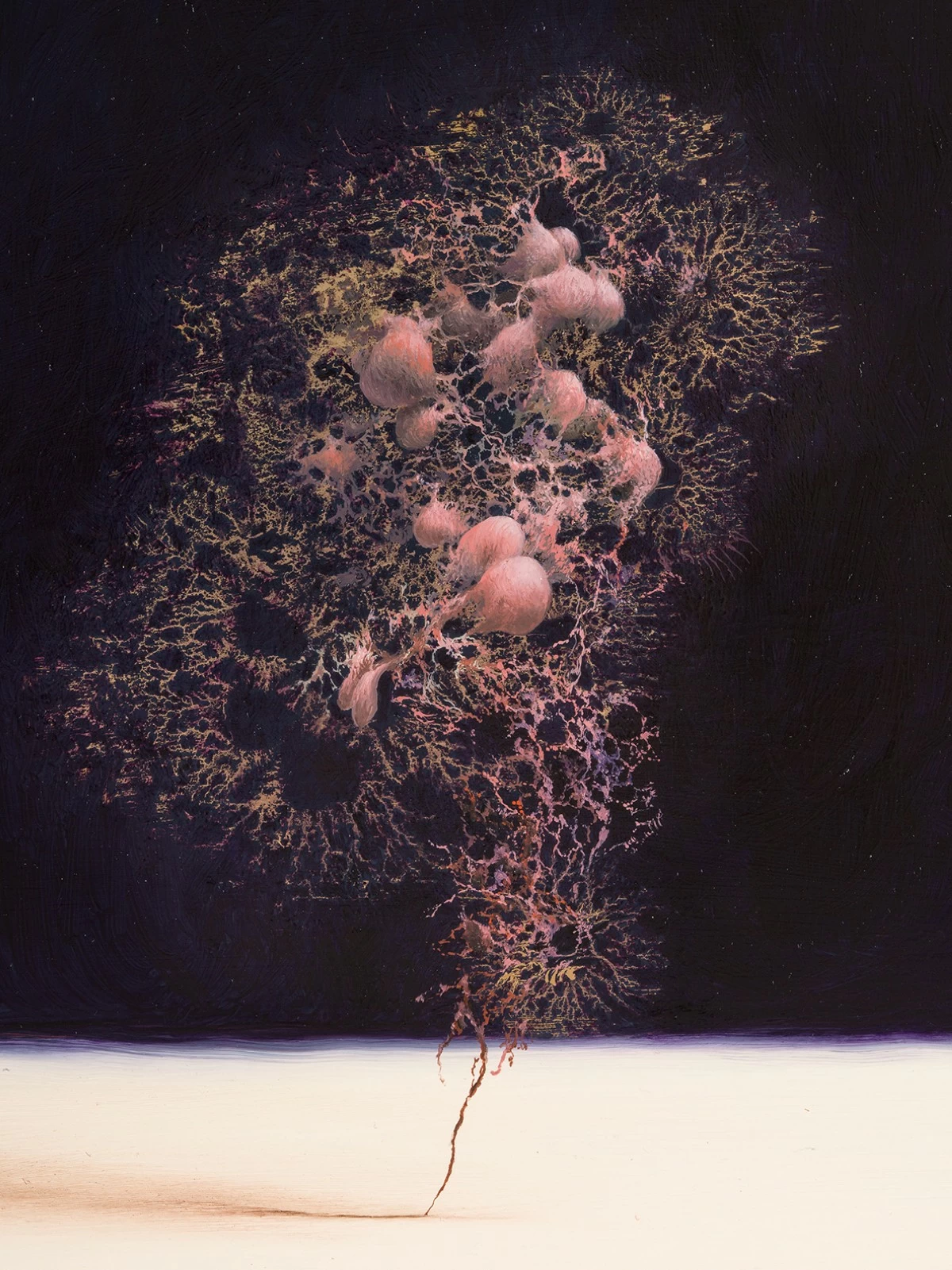 'I HAVE ALWAYS BEEN ALONE' oil on golden glazed ceramic, 9x7 in, 2025