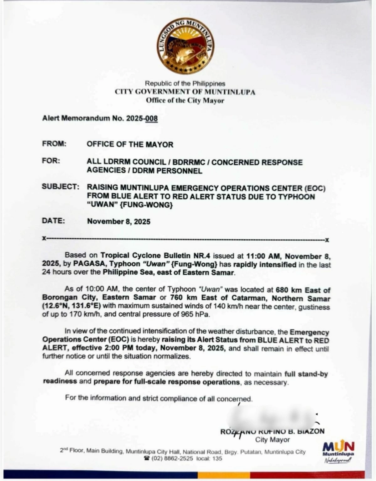 The memorandum issued by Muntinlupa Mayor Ruffy Biazon (Photo from Mayor Biazon's Facebook page)  